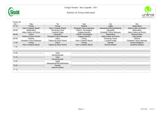 Colégio Sinodal - São Leopoldo - 2011

                                                                                           Relatório de Turmas (Individual)



Turma: 62
 Hor                        Seg                                           Ter                                         Qua                                           Qui                                         Sex
07:15                      Portug                                       Portug                                      História                                      Inglês                                   Matemática
                Karin Cristiane Staudt                       Karin Cristiane Staudt                    Elizabeth Franco Marques                    Alessandra/Patrícia/Roberta                     Katia Coelho da Rocha
08:05                  Matemática                                Educacao Física                           Info/Ed. Tecnológica                                Geografia                                   Matemática
               Katia Coelho da Rocha                              Luciana/Thiago                              Angela/Lisandra                       Elizabeth Franco Marques                       Katia Coelho da Rocha
09:05                      Ciênci                                    Geografia                             Info/Ed. Tecnológica                               Matemática                                 Música/Teatro
               Tatiana da Silva Parenti                   Elizabeth Franco Marques                            Angela/Lisandra                         Katia Coelho da Rocha                                Claci/Jarbas
09:55                     História                                      Ciênci                                       Portug                                Educacao Física                                    História
             Elizabeth Franco Marques                       Tatiana da Silva Parenti                      Karin Cristiane Staudt                            Luciana/Thiago                       Elizabeth Franco Marques
11:00                      Portug                                       Ciênci                                       Portug                                      Alemão                                 Ensino Religioso
                Karin Cristiane Staudt                      Tatiana da Silva Parenti                      Karin Cristiane Staudt                            Alceni/Ivo/Karin                           Vanderlei Defreyn
11:50    -------------------------------------------- -------------------------------------------- -------------------------------------------- -------------------------------------------- --------------------------------------------

-------- -------------------------------------------- -------------------------------------------- --------------------------------------------   -------------------------------------------- --------------------------------------------
13:25 --------------------------------------------                       Artes                     --------------------------------------------   -------------------------------------------- --------------------------------------------
                                                                  Denize/Auxiliar
14:15 --------------------------------------------                       Artes                     --------------------------------------------   -------------------------------------------- --------------------------------------------
                                                                  Denize/Auxiliar
15:05 --------------------------------------------                      Inglês                     --------------------------------------------   -------------------------------------------- --------------------------------------------
                                                         Alessandra/Patrícia/Roberta
16:20 --------------------------------------------                     Alemão                      --------------------------------------------   -------------------------------------------- --------------------------------------------
                                                                  Alceni/Ivo/Karin
17:10 -------------------------------------------- -------------------------------------------- --------------------------------------------      -------------------------------------------- --------------------------------------------




                                                                                                               Página: 4                                                                                                   23/07/2011     (15:13)
 