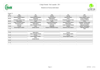 Colégio Sinodal - São Leopoldo - 2011

                                                                                           Relatório de Turmas (Individual)



Turma: 71
 Hor                        Seg                                           Ter                                         Qua                                           Qui                                      Sex
07:15                     História                                      Inglês                                      Alemão                                       Alemão                                     Portug
                Daniel da Silva Assum                        Deisi/Patrícia/Roberta                            Alceni/Ivo/Karin                             Alceni/Ivo/Karin                        Sonia Regina Coelho
08:05                      Ciênci                                    Geografia                                   Matemática                                       Ciênci                               Ensino Religioso
               Elisabeth Victória Haas                    Rosana Hoffmeister Braun                       Cátia Ciochetta Ghesla                       Elisabeth Victória Haas                         Vanderlei Defreyn
09:05                  Matemática                                       Inglês                                       Inglês                                      História                                   Ciênci
               Cátia Ciochetta Ghesla                        Deisi/Patrícia/Roberta                       Deisi/Patrícia/Roberta                       Daniel da Silva Assum                       Elisabeth Victória Haas
09:55               Educacao Física                                 Matemática                                Educacao Física                                 Matemática                            Info/Ed. Tecnológica
                         Léo/João                           Cátia Ciochetta Ghesla                                 Léo/João                           Cátia Ciochetta Ghesla                           Marcelo/Lisandra
11:00                      Portug                                        Artes                                    Geografia                                      História                           Info/Ed. Tecnológica
                 Sonia Regina Coelho                              Jarbas/Jeanne                        Rosana Hoffmeister Braun                        Daniel da Silva Assum                           Marcelo/Lisandra
11:50    -------------------------------------------- -------------------------------------------- -------------------------------------------- --------------------------------------------                 SAS

-------- -------------------------------------------- -------------------------------------------- -------------------------------------------- -------------------------------------------- --------------------------------------------
13:25 --------------------------------------------                  Matemática                     --------------------------------------------                   Portug                     --------------------------------------------
                                                            Cátia Ciochetta Ghesla                                                                      Sonia Regina Coelho
14:15 --------------------------------------------                      Portug                     --------------------------------------------                   Portug                     --------------------------------------------
                                                              Sonia Regina Coelho                                                                       Sonia Regina Coelho
15:05 --------------------------------------------                      Artes                      -------------------------------------------- -------------------------------------------- --------------------------------------------
                                                                  Jarbas/Jeanne
16:20 -------------------------------------------- -------------------------------------------- -------------------------------------------- -------------------------------------------- --------------------------------------------

17:10 -------------------------------------------- -------------------------------------------- -------------------------------------------- -------------------------------------------- --------------------------------------------




                                                                                                               Página: 6                                                                                                 23/07/2011     (15:13)
 
