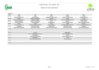 Colégio Sinodal - São Leopoldo - 2011

                                                                                           Relatório de Turmas (Individual)



Turma: 81
 Hor                        Seg                                           Ter                                         Qua                                           Qui                                         Sex
07:15                      Física                                        Artes                                       Ciênci                                      História                                      Portug
                  Priscila Andrea Vaz                             Jarbas/Denize                          Elisabeth Victória Haas                       Daniel da Silva Assum                            Carmen Breunig
08:05                     História                            Info/Ed. Tecnológica                                  Alemão                                        Inglês                                       Portug
                Daniel da Silva Assum                             Marcelo/Angela                          Alceni/Ivo/Karin/Jorge                    Ales/Deisi/Patrícia/Roberta                         Carmen Breunig
09:05               Ensino Religioso                          Info/Ed. Tecnológica                                   Artes                                       Alemão                                    Matemática
                   Vanderlei Defreyn                              Marcelo/Angela                               Jarbas/Denize                           Alceni/Ivo/Karin/Jorge                      Cátia Ciochetta Ghesla
09:55                      Física                                       Inglês                                       Portug                                       Inglês                                     Química
                  Priscila Andrea Vaz                     Ales/Deisi/Patrícia/Roberta                         Carmen Breunig                        Ales/Deisi/Patrícia/Roberta                Vera Lúcia Cislaghi Dallacorte
11:00                   Geografia                                Educacao Física                                 Matemática                                Educacao Física                                  Geografia
                Jones Alberto Bellotto                          Alex/André/Thiago                        Cátia Ciochetta Ghesla                           Alex/André/Thiago                         Jones Alberto Bellotto
11:50    -------------------------------------------- -------------------------------------------- -------------------------------------------- -------------------------------------------- --------------------------------------------

-------- -------------------------------------------- -------------------------------------------- -------------------------------------------- -------------------------------------------- --------------------------------------------
13:25 --------------------------------------------                    Química                      --------------------------------------------               Matemática                     --------------------------------------------
                                                        Vera Lúcia Cislaghi Dallacorte                                                                Cátia Ciochetta Ghesla
14:15 --------------------------------------------                  Matemática                     --------------------------------------------                  História                    --------------------------------------------
                                                            Cátia Ciochetta Ghesla                                                                     Daniel da Silva Assum
15:05 --------------------------------------------                  Matemática                     --------------------------------------------                   Portug                     --------------------------------------------
                                                            Cátia Ciochetta Ghesla                                                                         Carmen Breunig
16:20 -------------------------------------------- -------------------------------------------- -------------------------------------------- -------------------------------------------- --------------------------------------------

17:10 -------------------------------------------- -------------------------------------------- -------------------------------------------- -------------------------------------------- --------------------------------------------




                                                                                                               Página: 9                                                                                                 23/07/2011     (15:13)
 