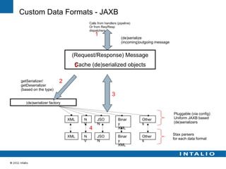 Custom Data Formats - JAXB
                                      Calls from handlers (pipeline)
                                      Or from Req/Resp
                                      dispatchers
                                          1
                                                             (de)serialize
                                                             (incoming)outgoing message


                             (Request/Response) Message
                              Cache (de)serialized objects
                              5

getSerializer/          2
getDeserializer
(based on the type)
                                                      3
   (de)serializer factory

                                                                                          Pluggable (via config)
                            XML   N        JSO             Binar        Other             Uniform JAXB based
                                  V        N               y            s                 (de)serializers
                                      4                    XML
                                                                                          Stax parsers
                            XML   N        JSO             Binar        Other
                                                                                          for each data format
                                  V        N               y            s
                                                           XML
 