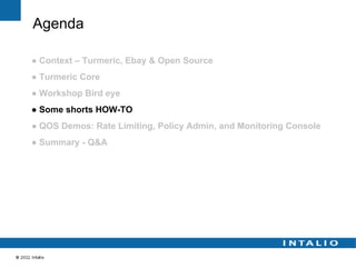 Agenda

● Context – Turmeric, Ebay & Open Source
● Turmeric Core
● Workshop Bird eye
● Some shorts HOW-TO
● QOS Demos: Rate Limiting, Policy Admin, and Monitoring Console
● Summary - Q&A
 