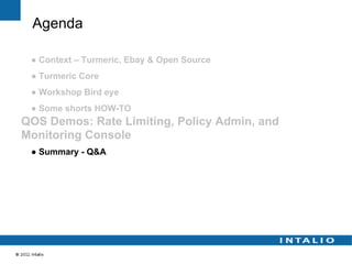 Agenda

 ● Context – Turmeric, Ebay & Open Source
 ● Turmeric Core
 ● Workshop Bird eye
 ● Some shorts HOW-TO
QOS Demos: Rate Limiting, Policy Admin, and
Monitoring Console
 ● Summary - Q&A
 