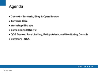 Agenda

● Context – Turmeric, Ebay & Open Source
● Turmeric Core
● Workshop Bird eye
● Some shorts HOW-TO
● QOS Demos: Rate Limiting, Policy Admin, and Monitoring Console
● Summary - Q&A
 