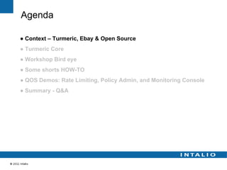 Agenda

● Context – Turmeric, Ebay & Open Source
● Turmeric Core
● Workshop Bird eye
● Some shorts HOW-TO
● QOS Demos: Rate Limiting, Policy Admin, and Monitoring Console
● Summary - Q&A
 