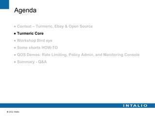 Agenda

● Context – Turmeric, Ebay & Open Source
● Turmeric Core
● Workshop Bird eye
● Some shorts HOW-TO
● QOS Demos: Rate Limiting, Policy Admin, and Monitoring Console
● Summary - Q&A
 