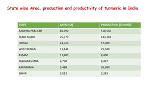 State wise Area, production and productivity of turmeric in India
STATE AREA (HA) PRODUCTION (TONNES)
ANDHRA PRADESH 69,990 518,550
TAMIL NADU 25,970 143,358
ORISSA 24,020 57,090
WEST BENGAL 11,844 25,049
ASSAM 11,700 8,400
MAHARASHTRA 6,760 8,427
KARNATAKA 5,410 26,380
BIHAR 3,533 3,383
 