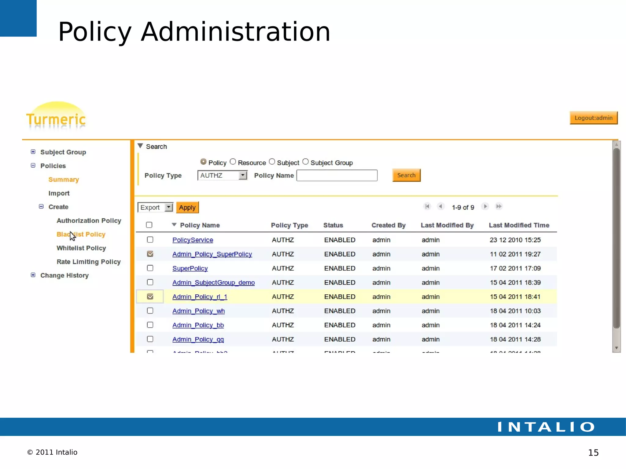 Policy Administration




© 2011 Intalio                  15
 