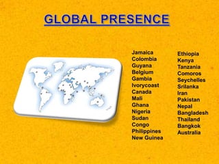 Jamaica
Colombia
Guyana
Belgium
Gambia
Ivorycoast
Canada
Mali
Ghana
Nigeria
Sudan
Congo
Philippines
New Guinea
Ethiopia
Kenya
Tanzania
Comoros
Seychelles
Srilanka
Iran
Pakistan
Nepal
Bangladesh
Thailand
Bangkok
Australia
 
