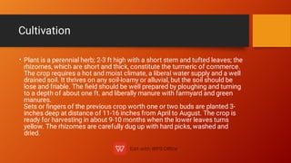 Cultivation
• Plant is a perennial herb; 2-3 ft high with a short stem and tufted leaves; the
rhizomes, which are short and thick, constitute the turmeric of commerce.
The crop requires a hot and moist climate, a liberal water supply and a well
drained soil. It thrives on any soil-loamy or alluvial, but the soil should be
lose and friable. The ﬁeld should be well prepared by ploughing and turning
to a depth of about one ft. and liberally manure with farmyard and green
manures.
Sets or ﬁngers of the previous crop worth one or two buds are planted 3-
inches deep at distance of 11-16 inches from April to August. The crop is
ready for harvesting in about 9-10 months when the lower leaves turns
yellow. The rhizomes are carefully dug up with hard picks, washed and
dried.
 