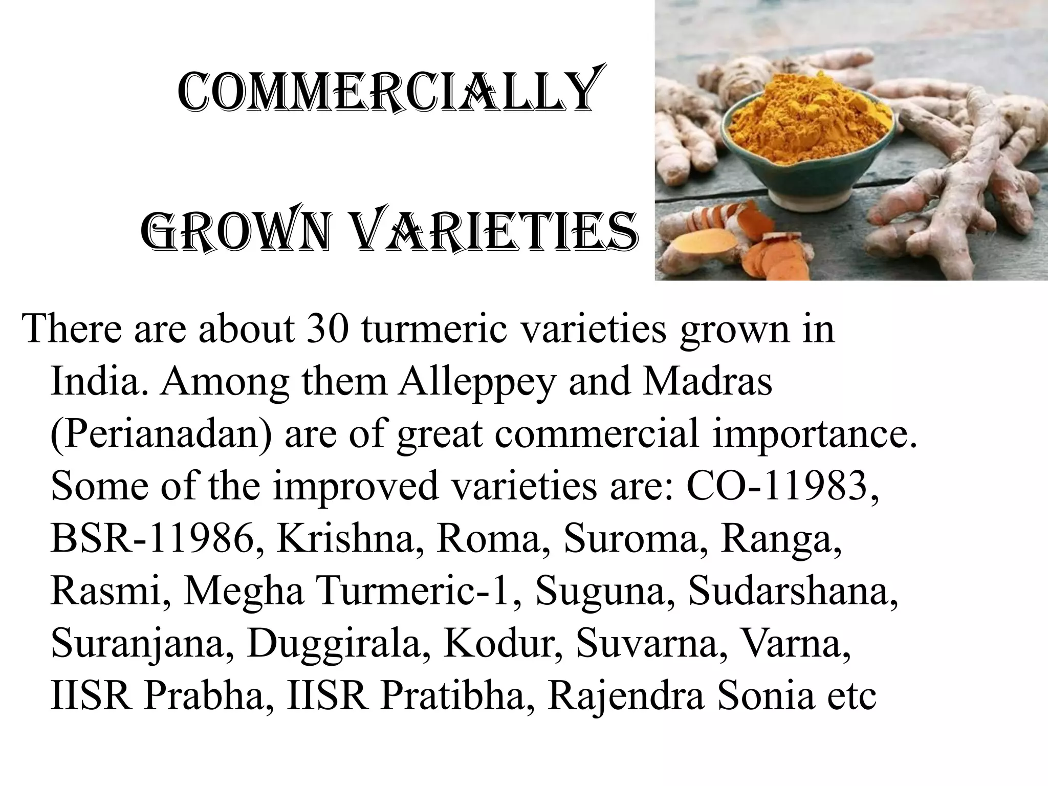 Commercially
grown varieties
There are about 30 turmeric varieties grown in
India. Among them Alleppey and Madras
(Perianadan) are of great commercial importance.
Some of the improved varieties are: CO-11983,
BSR-11986, Krishna, Roma, Suroma, Ranga,
Rasmi, Megha Turmeric-1, Suguna, Sudarshana,
Suranjana, Duggirala, Kodur, Suvarna, Varna,
IISR Prabha, IISR Pratibha, Rajendra Sonia etc
 