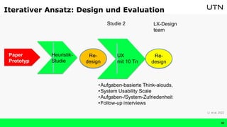 UX
mit 10 Tn
Studie 2 LX-Design
team
•Aufgaben-basierte Think-alouds,
•System Usability Scale
•Aufgaben-/System-Zufriedenheit
•Follow-up interviews
Iterativer Ansatz: Design und Evaluation
Heuristik-
Studie
Re-
design
Re-
design
Li et al. 2022
32
Paper
Prototyp
 