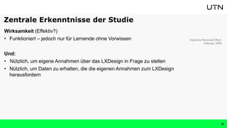 Wirksamkeit (Effektiv?)
• Funktioniert – jedoch nur für Lernende ohne Vorwissen
Und:
• Nützlich, um eigene Annahmen über das LXDesign in Frage zu stellen
• Nützlich, um Daten zu erhalten, die die eigenen Annahmen zum LXDesign
herausfordern
Expertise Reversal Effect:
Kalyuga, 2009
Zentrale Erkenntnisse der Studie
37
 