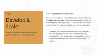 Step 3
Develop &
Scale
Turn your mapped opportunities into real AI
systems that generate measurable results.
From Insight to Implementation
Once you have identified where AI can create value, the final step
is to build, test, and scale those systems deliberately. This is not
about deploying every idea at once — it's about sequencing your
implementation for maximum impact and minimum disruption.
• Start with quick wins to build momentum and credibility
• Document and standardize what works before scaling
• Use data from early wins to fund and justify larger systems
• Create feedback loops that continuously improve your AI
systems
 