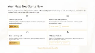 Your Next Step Starts Now
Don't turn your business into an AI experiment. Turn it into an AI-powered system. Start with clarity, not tools. Start with process, not platforms. The
framework is here — all you need to do is take the first step.
Take the Full Course
Get the complete 3-step framework with templates, worksheets, and
guided implementation.
More Guides & Frameworks
Access additional business tools, frameworks, and resources to
accelerate your growth.
Book a Strategy Call
Work directly with Randy to map your AI opportunity and build a 90-
day execution plan.
17 Digital Products
Explore a full library of tools, templates, and systems designed to
help you build, grow, and scale.
☕ Support this work — Buy Me a Coffee
 