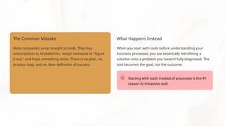 The Common Mistake
Most companies jump straight to tools. They buy
subscriptions to AI platforms, assign someone to "figure
it out," and hope something sticks. There is no plan, no
process map, and no clear definition of success.
What Happens Instead
When you start with tools before understanding your
business processes, you are essentially retrofitting a
solution onto a problem you haven't fully diagnosed. The
tool becomes the goal, not the outcome.
Starting with tools instead of processes is the #1
reason AI initiatives stall.
 