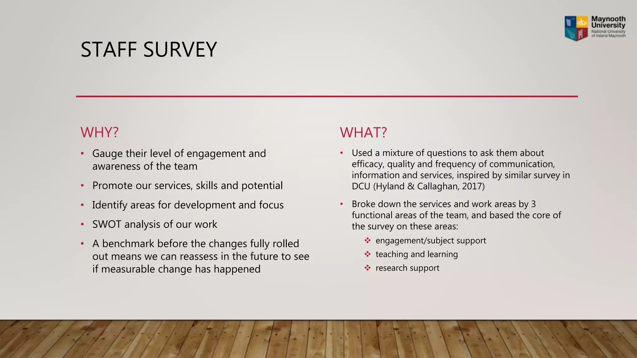 STAFF SURVEY
WHY?
• Gauge their level of engagement and
awareness of the team
• Promote our services, skills and potential
• Identify areas for development and focus
• SWOT analysis of our work
• A benchmark before the changes fully rolled
out means we can reassess in the future to see
if measurable change has happened
WHAT?
• Used a mixture of questions to ask them about
efficacy, quality and frequency of communication,
information and services, inspired by similar survey in
DCU (Hyland & Callaghan, 2017)
• Broke down the services and work areas by 3
functional areas of the team, and based the core of
the survey on these areas:
 engagement/subject support
 teaching and learning
 research support
 