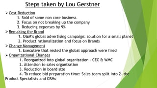 Steps taken by Lou Gerstner
Cost Reduction
1. Sold of some non core business
2. Focus on not breaking up the company
3. Reducing expenses by 9%
Remaking the Brand
1. O&M’s global advertising campaign: solution for a small planet
2. Product rationalization and focus on Brands
Change Management
1. Executive that rested the global approach were fired
Organizational Changes
1. Reorganized into global organization – CEC & WMC
2. Attention to sales organization
3. Reduction in board size
4. To reduce bid preparation time: Sales team split into 2– the
Product Specialists and CRMs
 