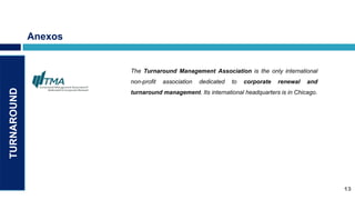 Anexos


                      The Turnaround Management Association is the only international
                      non-profit   association   dedicated   to   corporate   renewal   and
TURNAROUND




                      turnaround management. Its international headquarters is in Chicago.




                                                                                              13
 