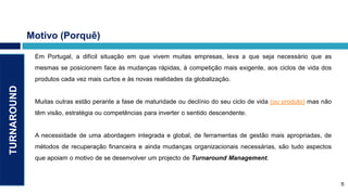 Motivo (Porquê)

              Em Portugal, a difícil situação em que vivem muitas empresas, leva a que seja necessário que as
              mesmas se posicionem face às mudanças rápidas, à competição mais exigente, aos ciclos de vida dos
              produtos cada vez mais curtos e às novas realidades da globalização.
TURNAROUND




              Muitas outras estão perante a fase de maturidade ou declínio do seu ciclo de vida (ou produto) mas não
              têm visão, estratégia ou competências para inverter o sentido descendente.


              A necessidade de uma abordagem integrada e global, de ferramentas de gestão mais apropriadas, de
              métodos de recuperação financeira e ainda mudanças organizacionais necessárias, são tudo aspectos
              que apoiam o motivo de se desenvolver um projecto de Turnaround Management.



                                                                                                                       5
 