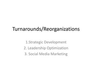Turnarounds/Reorganizations 1.Strategic Development 2. Leadership Optimization 3. Social Media Marketing 