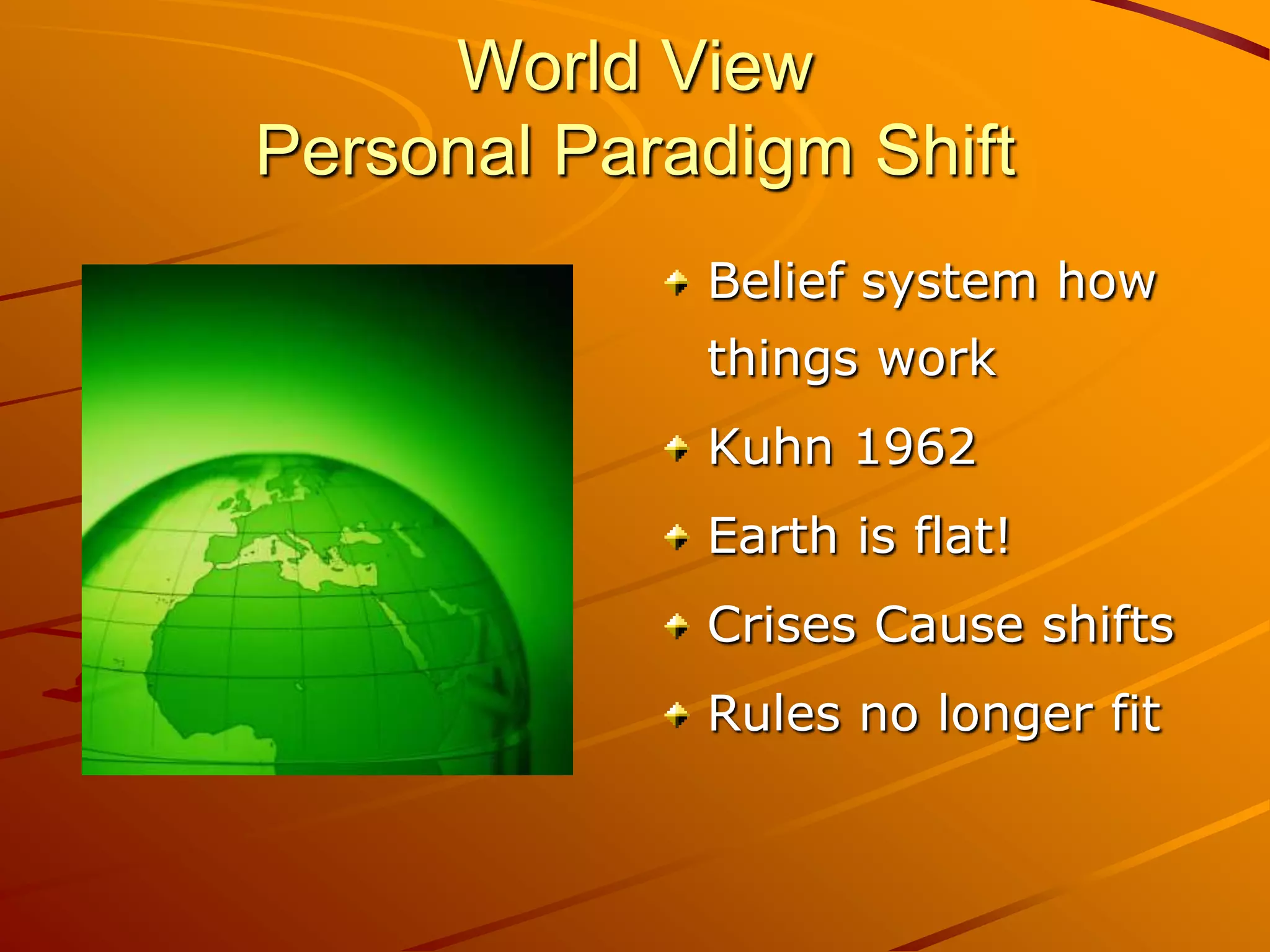 World View
Personal Paradigm Shift
             Belief system how
             things work
             Kuhn 1962
             Earth is flat!
             Crises Cause shifts
             Rules no longer fit
 