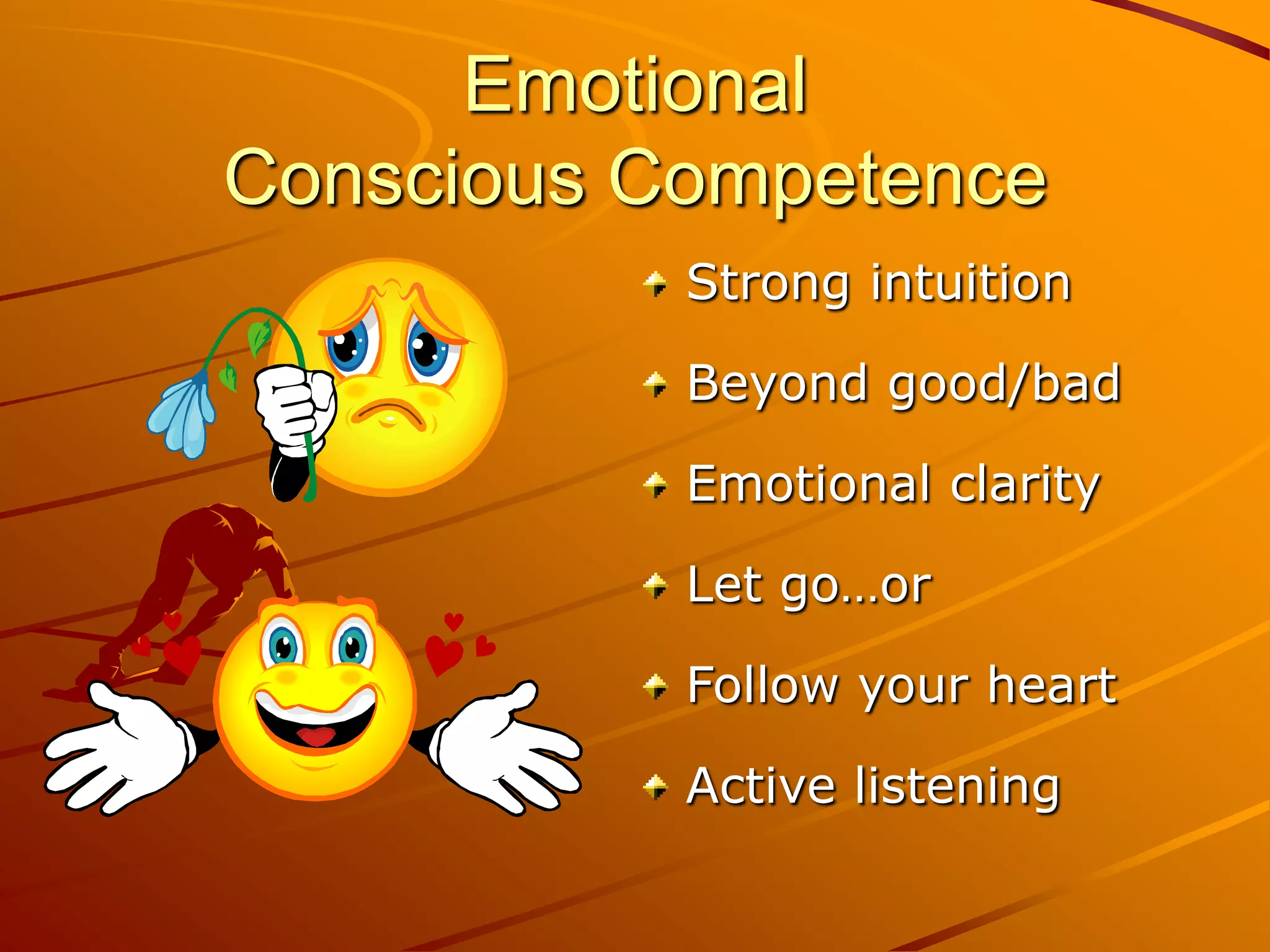 Emotional
Conscious Competence
           Strong intuition

           Beyond good/bad

           Emotional clarity

           Let go…or

           Follow your heart

           Active listening
 