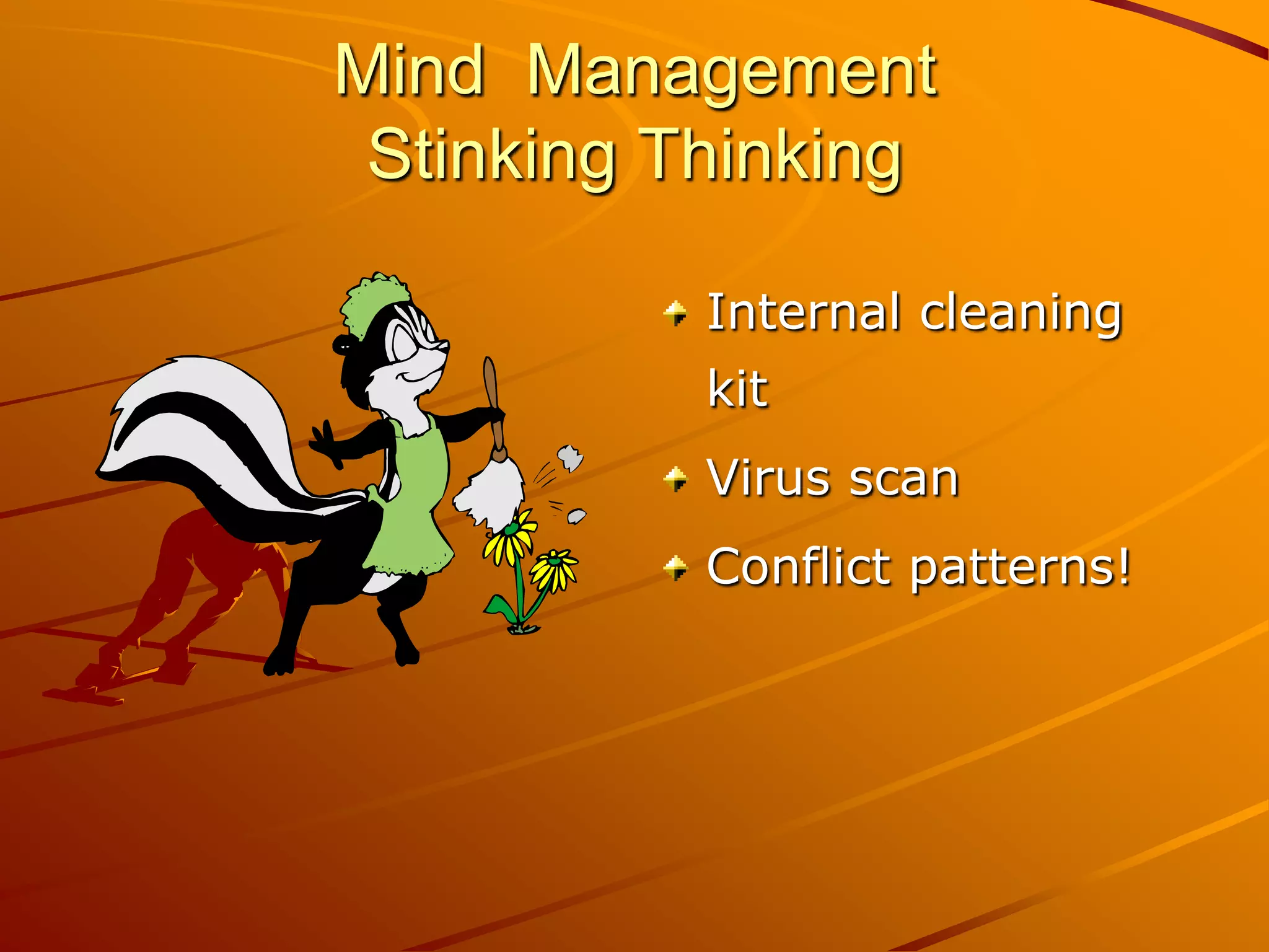 Mind Management
 Stinking Thinking

           Internal cleaning
           kit
           Virus scan
           Conflict patterns!
 