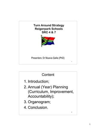 Turn Around Strategy
       Reigerpark Schools
           SRC 4 & 7




    Presenters: Dr Muavia Gallie (PhD)
                                         1




              Content
1. Introduction;
2. Annual (Year) Planning
   (Curriculum, Improvement,
   Accountability);
3. Organogram;
4. Conclusion.
                                         2




                                             1
 