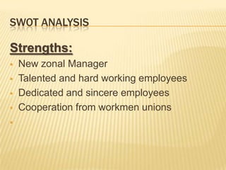 SWOT ANALYSIS
Strengths:
 New zonal Manager
 Talented and hard working employees
 Dedicated and sincere employees
 Cooperation from workmen unions

 