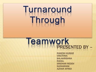 Turnaround
Through
Teamwork
PRESENTED BY –
RAKESH KUMAR
VINUTHNA
BALAKRISHNA
RAHUL
SRIDHAR REDDV
SUDHARANI
AZHAR AFRIDI
 