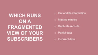 o Out of date information
o Missing metrics
o Duplicate records
o Partial data
o Incorrect data
WHICH RUNS
ON A
FRAGMENTED
VIEW OF YOUR
SUBSCRIBERS
 