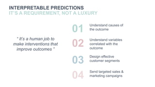 INTERPRETABLE PREDICTIONS
IT’S A REQUIREMENT, NOT A LUXURY
“ It’s a human job to
make interventions that
improve outcomes ”
01
Understand causes of
the outcome
02
Understand variables
correlated with the
outcome
03
Design effective
customer segments
04
Send targeted sales &
marketing campaigns
 