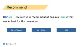 @areej_abuali
Bonus → Deliver your recommendations in a format that
works best for the developer
Excel/Sheets Word Doc JIR...