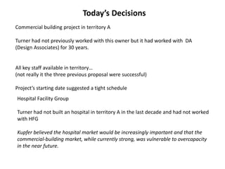 Today’s Decisions
Commercial building project in territory A
Turner had not previously worked with this owner but it had worked with DA
(Design Associates) for 30 years.
All key staff available in territory…
(not really it the three previous proposal were successful)
Project’s starting date suggested a tight schedule
Hospital Facility Group
Turner had not built an hospital in territory A in the last decade and had not worked
with HFG
Kupfer believed the hospital market would be increasingly important and that the
commercial-building market, while currently strong, was vulnerable to overcapacity
in the near future.
 