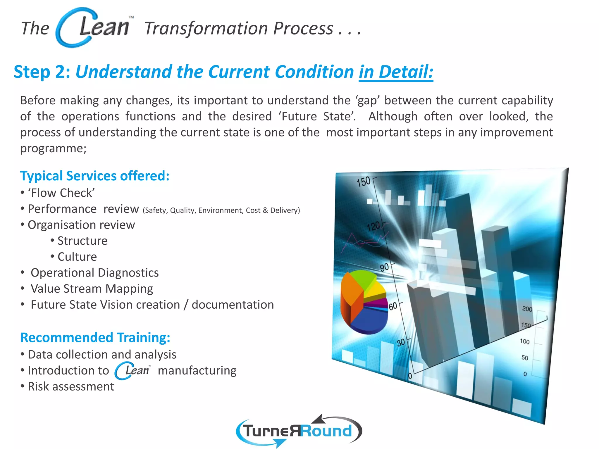 The                          Transformation Process . . .

Step 2: Understand the Current Condition in Detail:
Before making any changes, its important to understand the ‘gap’ between the current capability
of the operations functions and the desired ‘Future State’. Although often over looked, the
process of understanding the current state is one of the most important steps in any improvement
programme;

Typical Services offered:
• ‘Flow Check’
• Performance review (Safety, Quality, Environment, Cost & Delivery)
• Organisation review
      • Structure
      • Culture
• Operational Diagnostics
• Value Stream Mapping
• Future State Vision creation / documentation

Recommended Training:
• Data collection and analysis
• Introduction to         manufacturing
• Risk assessment
 