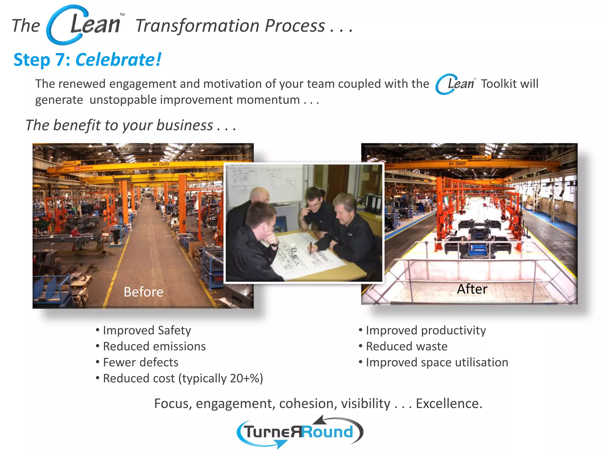 The                Transformation Process . . .
Step 7: Celebrate!
  The renewed engagement and motivation of your team coupled with the          Toolkit will
  generate unstoppable improvement momentum . . .
 The benefit to your business . . .




                 Before                                                    After

            • Improved Safety                            • Improved productivity
            • Reduced emissions                          • Reduced waste
            • Fewer defects                              • Improved space utilisation
            • Reduced cost (typically 20+%)
                      Focus, engagement, cohesion, visibility . . . Excellence.
 