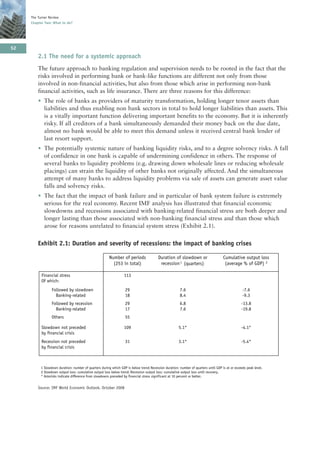 The Turner Review
     Chapter Two: What to do?




52
         2.1 The need for a systemic approach
         The future approach to banking regulation and supervision needs to be rooted in the fact that the
         risks involved in performing bank or bank-like functions are different not only from those
         involved in non-financial activities, but also from those which arise in performing non-bank
         financial activities, such as life insurance. There are three reasons for this difference:
         • The role of banks as providers of maturity transformation, holding longer tenor assets than
           liabilities and thus enabling non bank sectors in total to hold longer liabilities than assets. This
           is a vitally important function delivering important benefits to the economy. But it is inherently
           risky. If all creditors of a bank simultaneously demanded their money back on the due date,
           almost no bank would be able to meet this demand unless it received central bank lender of
           last resort support.
         • The potentially systemic nature of banking liquidity risks, and to a degree solvency risks. A fall
           of confidence in one bank is capable of undermining confidence in others. The response of
           several banks to liquidity problems (e.g. drawing down wholesale lines or reducing wholesale
           placings) can strain the liquidity of other banks not originally affected. And the simultaneous
           attempt of many banks to address liquidity problems via sale of assets can generate asset value
           falls and solvency risks.
         • The fact that the impact of bank failure and in particular of bank system failure is extremely
           serious for the real economy. Recent IMF analysis has illustrated that financial economic
           slowdowns and recessions associated with banking-related financial stress are both deeper and
           longer lasting than those associated with non-banking financial stress and than those which
           arose for reasons unrelated to financial system stress (Exhibit 2.1).

         Exhibit 2.1: Duration and severity of recessions: the impact of banking crises

                                                        Number of periods                Duration of slowdown or                     Cumulative output loss
                                                          (253 in total)                  recession 1 (quarters)                      (average % of GDP) 2

           Financial stress                                       113
           Of which:
                 Followed by slowdown                              29                                   7.6                                       -7.6
                   Banking-related                                 18                                   8.4                                       -9.3
                 Followed by recession                             29                                   6.8                                      -13.8
                   Banking-related                                 17                                   7.6                                      -19.8
                 Others                                            55

           Slowdown not preceded                                  109                                  5.1*                                      -4.1*
           by financial crisis
           Recession not preceded                                  31                                  3.1*                                      -5.4*
           by financial crisis



          1 Slowdown duration: number of quarters during which GDP is below trend; Recession duration: number of quarters until GDP is at or exceeds peak level.
          2 Slowdown output loss: cumulative output loss below trend; Recession output loss: cumulative output loss until recovery.
          * Asterisks indicate difference from slowdowns preceded by financial stress significant at 10 percent or better.


         Source: IMF World Economic Outlook, October 2008
 