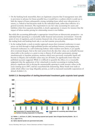 The Turner Review
                                                                                                                                    Chapter Two: What to do?




                                                                                                                                                                65
• On the banking book meanwhile, there are legitimate concerns that if management were able
  to provision in advance for future possible loss, it would have a cushion which it could use to
  hide the impact of losses subsequently arising, including losses which were idiosyncratic in
  nature, i.e. linked to bad decisions made by the individual bank, rather than reflective of a
  general economic downturn. The requirement to use fair value accounting for assets and
  liabilities when first acquired, meanwhile, is clearly appropriate: it ensures for instance that the
  impact of below-market pricing for relationship reason is not hidden.

But while this accounting philosophy is appropriate viewed from an idiosyncratic perspective – an
individual bank operating in a reasonably stable financial and economic environment – from the
point of view of regulators, and of systemic financial risk, it has serious disadvantages. On both
the trading book and banking book side, it can fuel systemic procyclicality.
• In the trading books a mark-to-market approach means that irrational exuberance in asset
  prices can feed through to high published profits and perhaps bonuses, encouraging more
  irrational exuberance in a self-reinforcing fashion: when markets turn down, it can equally
  drive irrational despair. And at the total system level, the idea that values are realisable because
  observable in the market at a point in time is illusory. If all market participants attempt
  simultaneously to liquidate positions, markets which were previously reasonably liquid will
  become in illiquid, and realisable values may, for all banks, be significantly lower than the
  published accounts suggested. While it is difficult to quantify the effect, it is a reasonable
  judgement that the application of fair value/mark-to-market accounting in trading books,
  played a significant role in driving the unsustainable upswing in credit security values in the
  years running up to 2007, and has exacerbated the downswing. Many bonds now trade at
  yields which reflect very large illiquidity premia, as well as increased reasonable expectations of
  default (Exhibit 2.3).

Exhibit 2.3: Decomposition of sterling-denominated investment grade corporate bond spreads

                600

                500

                400
Basis points




                300

                200

                100

                   0
                                                                           2002
                                                                 2001




                                                                                             2004


                                                                                                       2005




                                                                                                                                   2008


                                                                                                                                             2009
                                                       2000




                                                                                  2003




                                                                                                                2006


                                                                                                                         2007
                       1997


                                    1998


                                              1999




                              Compensation for expected default losses                   Compensation for uncertainty about default losses
                              Residual (including compensation for illiquidity)          Total

               (a) Webber, L. and Churm, R. (2007), 'Decomposing corporate bond spreads', Bank of England Quarterly Bulletin , Vol. 47,
               No. 4, pages 533-41.
               (b) Option-adjusted spreads over government bond yields.

Sources: Bloomberg, Merrill Lynch, Thomson Datastream and Bank of England calculations
 
