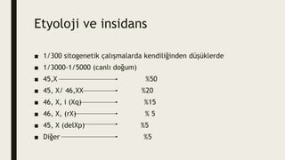 Etyoloji ve insidans
■ 1/300 sitogenetik çalışmalarda kendiliğinden düşüklerde
■ 1/3000-1/5000 (canlı doğum)
■ 45,X %50
■ 45, X/ 46,XX %20
■ 46, X, i (Xq) %15
■ 46, X, (rX) % 5
■ 45, X (delXp) %5
■ Diğer %5
 