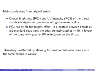 Main conclusions from original study:

         Overall brightness (PC1) and UV intensity (PC3) of the throat
         are...