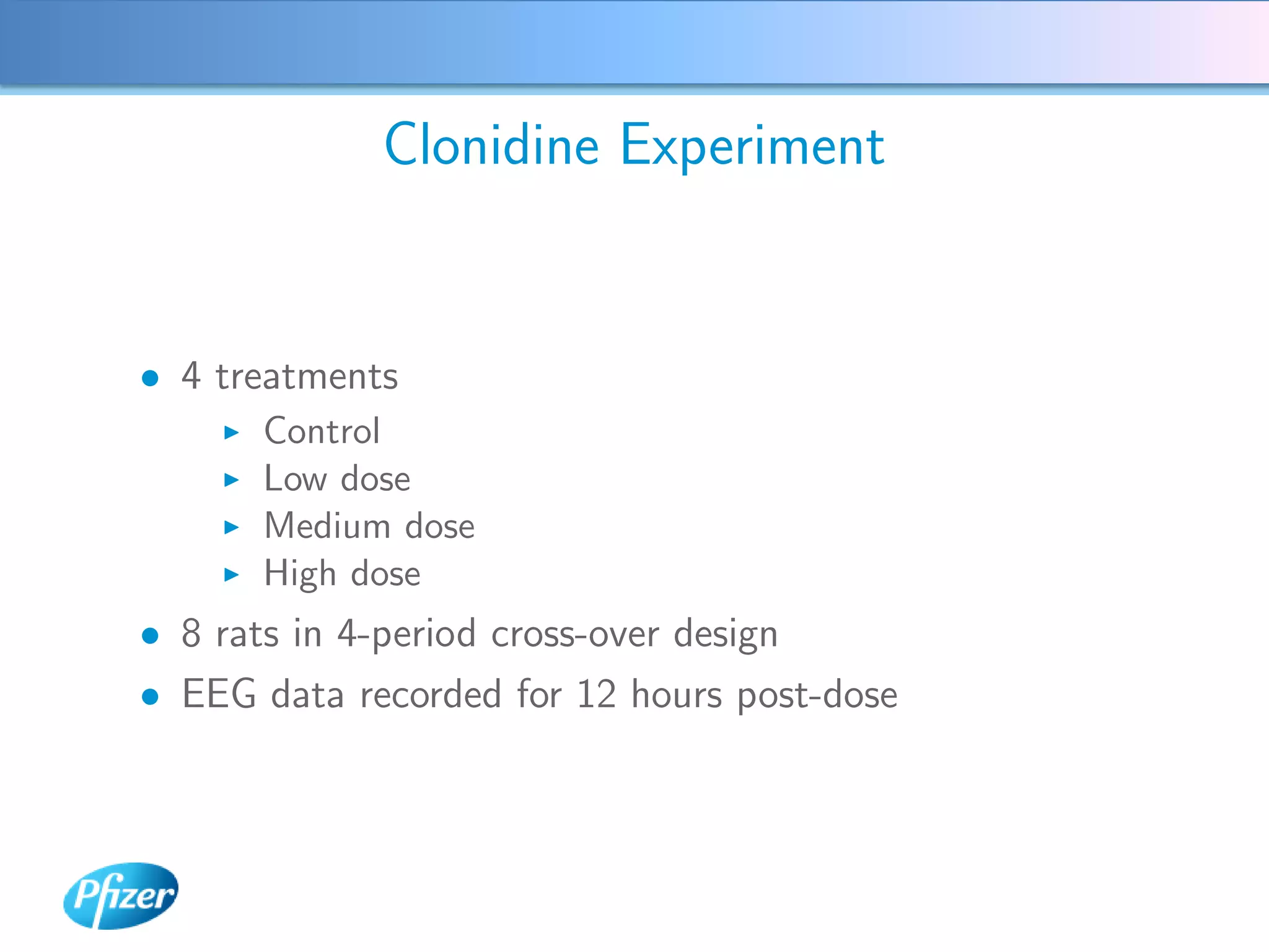 Clonidine Experiment


• 4 treatments
      Control
      Low dose
      Medium dose
      High dose
• 8 rats in 4-period cross-over design
• EEG data recorded for 12 hours post-dose
 