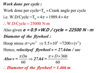 2
W.D/Cycle
Work done per cycle=T Crank angle per cycle
i.e. W.D/Cycle =T 4 1989.4 4
Also given
Hoop s
25000
tress
N-m
= v 5.5 1
m
m  
 


  

 
Work done per cycle :
Diameter of the flywheel :
e = 0.9 ×W.D / cycle = 22500 N - m
6 2
0 =7200 (v )
Hence,
360
60 60
Dn D 


 

velocityof flywheel v = 27.64m / sec
Also
Diameter of the flywheel =
v = 2
1.4
7.64 =
66 m
 