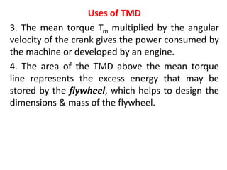 Uses of TMD
3. The mean torque Tm multiplied by the angular
velocity of the crank gives the power consumed by
the machine or developed by an engine.
4. The area of the TMD above the mean torque
line represents the excess energy that may be
stored by the flywheel, which helps to design the
dimensions & mass of the flywheel.
 