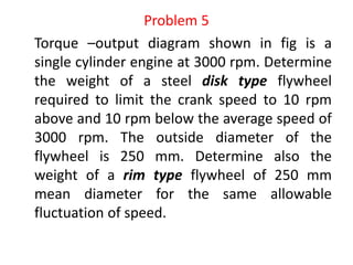 Problem 5
Torque –output diagram shown in fig is a
single cylinder engine at 3000 rpm. Determine
the weight of a steel disk type flywheel
required to limit the crank speed to 10 rpm
above and 10 rpm below the average speed of
3000 rpm. The outside diameter of the
flywheel is 250 mm. Determine also the
weight of a rim type flywheel of 250 mm
mean diameter for the same allowable
fluctuation of speed.
 