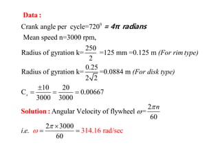 0
Crank angle per cycle=720
Mean speed n=3000 rpm,
250
Radius of gyration k= =125 mm =0.125 m
2
0.25
Radius of gyration k= =0.0884 m
2 2
10 20
C 0.00
3000 3000
s
(For rim type)
(For disk type)

  
Data :
= 4π radians
667
2
Angular Velocity of flywheel =
60
2 3000
. . 314.16 rad/ e
0
c
6
s
n
i e





 
Solution :
 