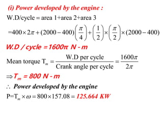 W.D/cycle area 1+area 2+area 3
1
=400 2 (2000 400) (2000 400)
4 2 2
W.D per cycle 1600
Mean torque T
Crank angle per cycle 2
m
 




     
           
     
 

(i) Power developed by the engine :
m
W.D / cycle =1600π N - m
T
P=T 800 157.08m 

   
Power developed by the en
125.664 KW
gine
= 800 N - m
 