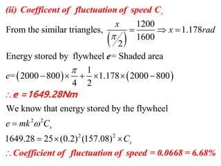  
   
1200
From the similar triangles, 1.178
1600
2
Energy stored by flywheel = Shaded area
1
= 2000 800 1.178 2000 800
4 2
We know that energy st
s
x
x rad
e


  
 

   
(ii) Coefficent of fluctuation of speed
e
C
e =1649.28Nm
2 2
2 2
ored by the flywheel
1649.28 25 (0.2) (157.08)
s
s
e mk C
C

  
Coefficient of fluctuation of speed = 0.0668 = 6.68%
 