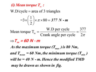W.D/cycle area of 3 triangles
1
=3 80
2
W.D per cycle 377
Mean torque T
Crank angle per cycle 2
m
m



 
    
 
 
 mT = 60 N - m
max
mean
377 N - m
As the maxim
(i) Mean to
um torque (T ) is 80 Nm,
and
rque
T
T :
= 60 minNm,the minimum torque (T )
will be = 40 N - m. Hence the modified TMD
may be drawn as shown in fig.
 