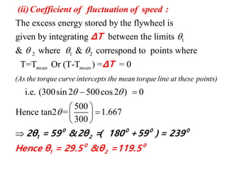 1
2 1 2
The excess energy stored by the flywheel is
given by integrating between the limits
& where & correspond to points where
T=T Or (T-Tmean mean

  
(ii)Coefficient of fluctuation of speed :
ΔT
) = = 0
i.e. (300sin 2 500cos2 ) 0
500
Hence tan2 = 1.667
300
(As the torque curve intercepts the mean torque line at these points)
 

 
 
 
 
 0 0 0 0
1
0 0
1 2
22θ = 59
ΔT
Hence θ = 29.
&
5 &
2θ =( 180 +5
θ =119
9 ) = 2
.5
39
 