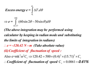 2
1
180
65.37
.
(60sin 2 50sin )
T d
d



  






Excess energy e =
e =
(The above integration may be performed using
calculator by keeping in radian mode and substituting
the limits of integration in radian
e = -
s)
120.
2 2 2 2
Also e=mk 120.42 500 (0.4) (15.71)
C 0.0061
s s
s
C C     
  
(Take absolute value)
Coefficient o
42 N - m
(i
f fluctuat
i)Coefficient of fluctuation of speed :
ion of speed 0.61%
 